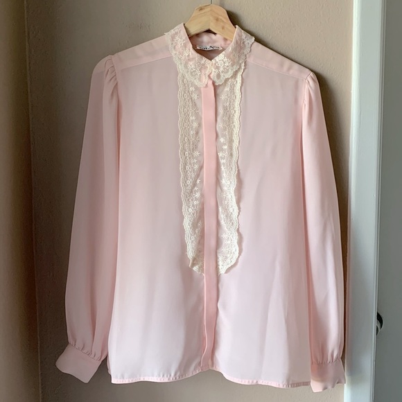 Vintage NILANI Pale Pink Lacr Trim Sheer Blouse - Picture 2 of 7